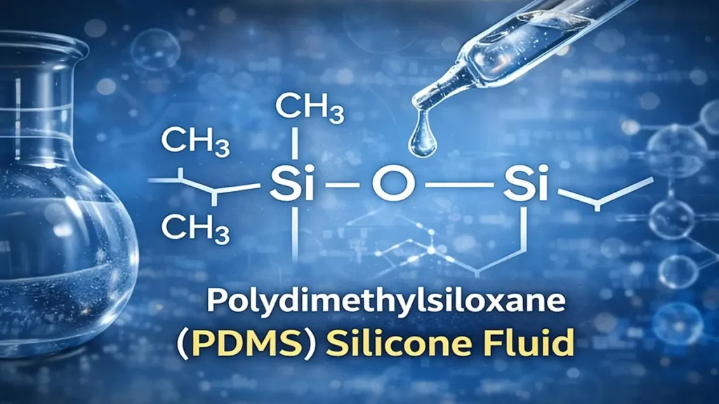 PDMS silicone fluid chemical structure showing polydimethylsiloxane molecular chain and siloxane backbone used in industrial silicone oil applications
