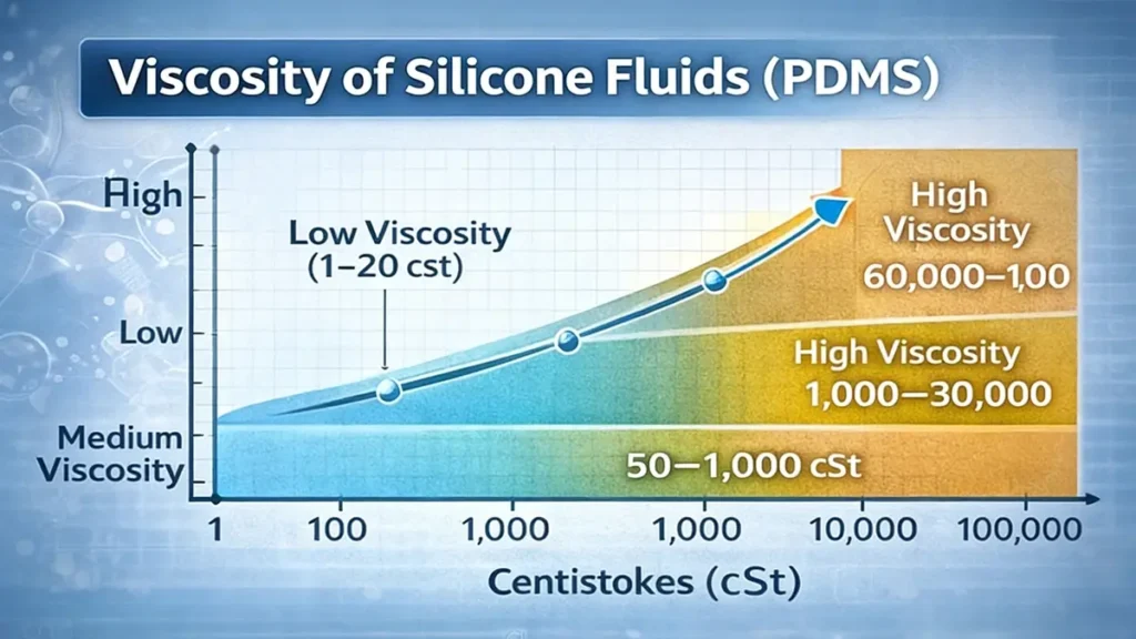 ALT： PDMS silicone fluid viscosity chart showing low, medium and high viscosity silicone oil grades measured in centistokes for industrial applications