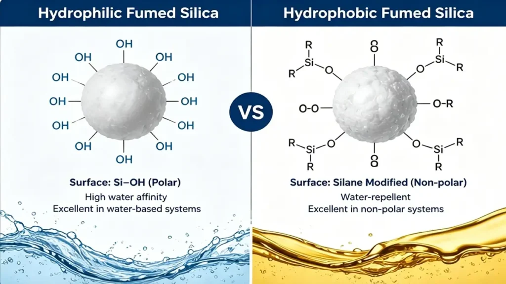Hydrophilic and hydrophobic fumed silica surface chemistry comparison showing Si–OH groups and silane-modified non-polar structures in silica nanoparticles