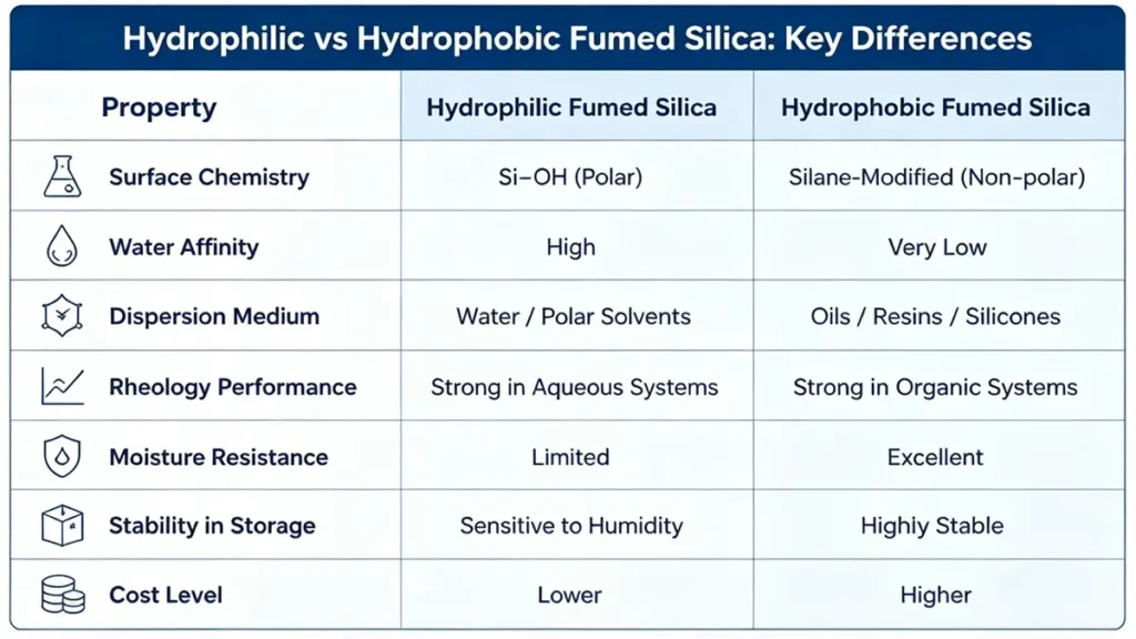Technical comparison table of hydrophilic vs hydrophobic fumed silica including water affinity, dispersion medium, rheology performance, and moisture resistance