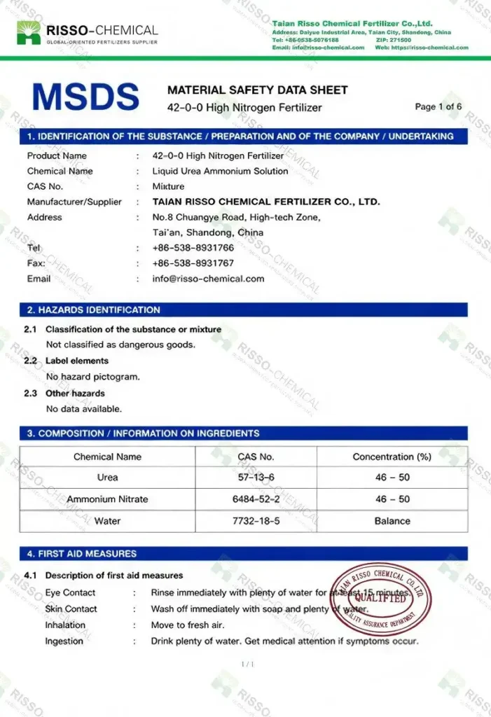 High-Nitrogen Liquid Fertilizer (42%) MSDS