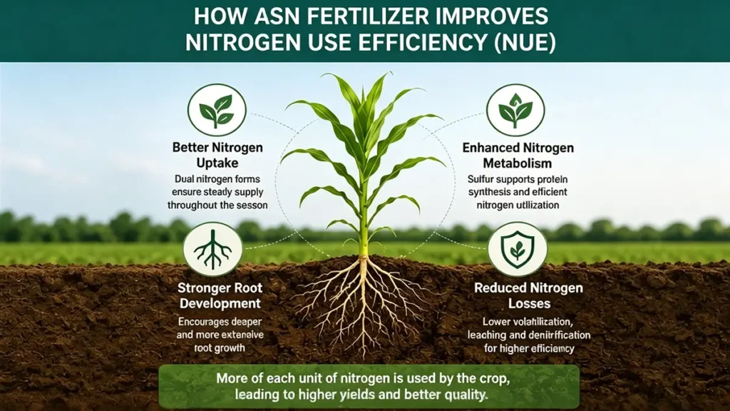 Illustration showing how ASN Fertilizer enhances nitrogen uptake, strengthens root development and reduces nitrogen losses in crops.