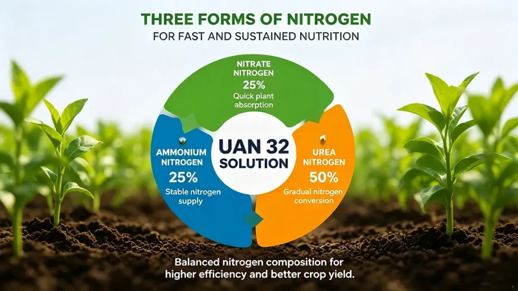 UAN 32 Solution contains three nitrogen forms including nitrate nitrogen, ammonium nitrogen, and urea nitrogen for efficient crop nutrition