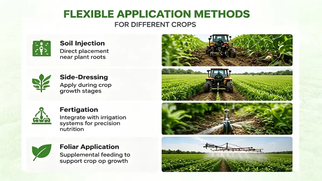 UAN 32 liquid nitrogen fertilizer application methods including soil injection, side dressing, and fertigation for crop production