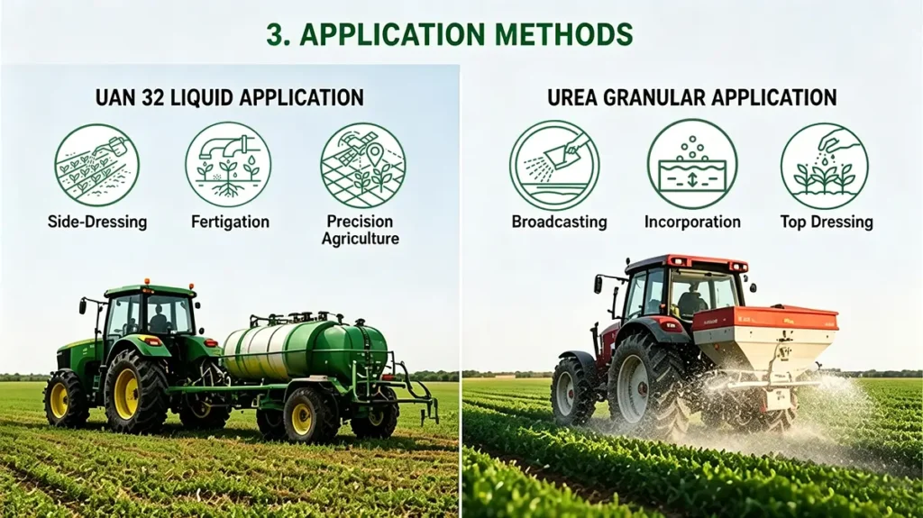 UAN 32 liquid nitrogen fertilizer and urea fertilizer application methods in agriculture