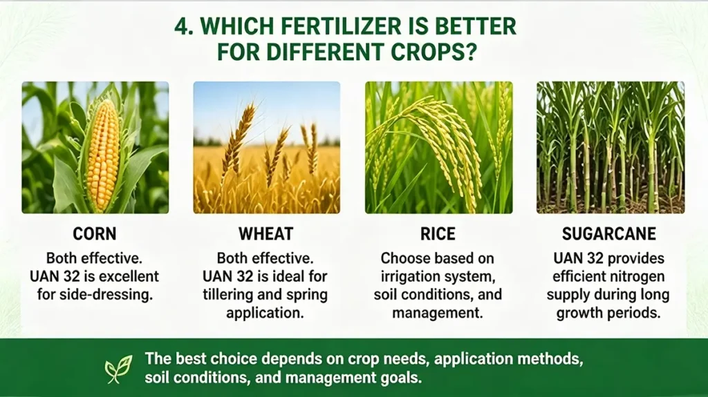 UAN 32 and urea fertilizer application for corn wheat rice and sugarcane crops