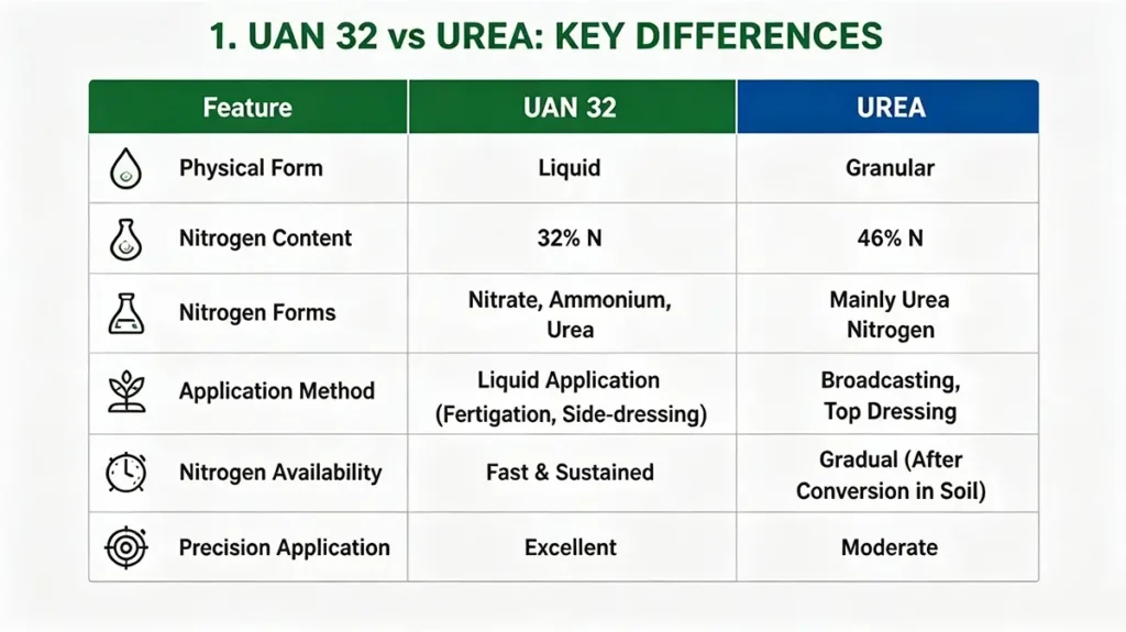 Key differences between UAN 32 fertilizer and urea fertilizer including nitrogen content and application methods